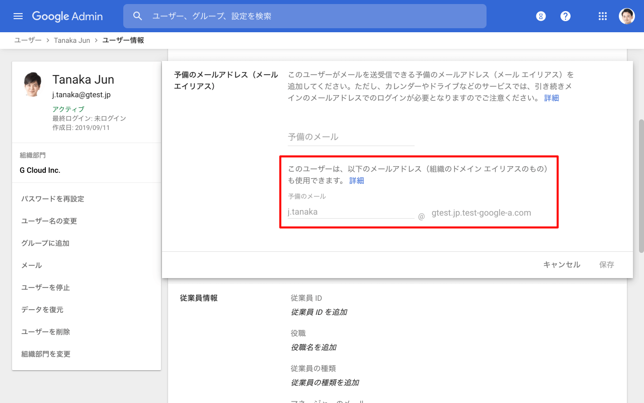 テスト ドメイン エイリアスを確認