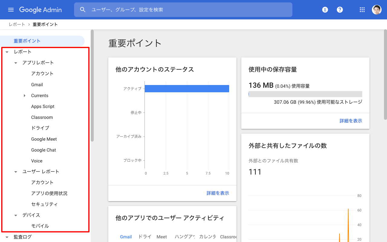 Google Workspace レポートを表示